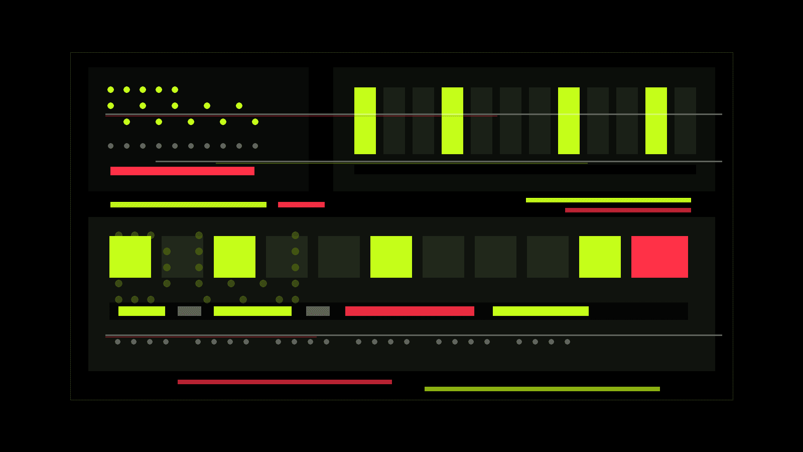 Abstract square control panel with acid-lime indicators and red hardware accents